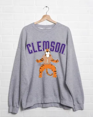 Clemson Tigers Cartoon Mascot Puff Ink Gray Thrifted Sweatshirt