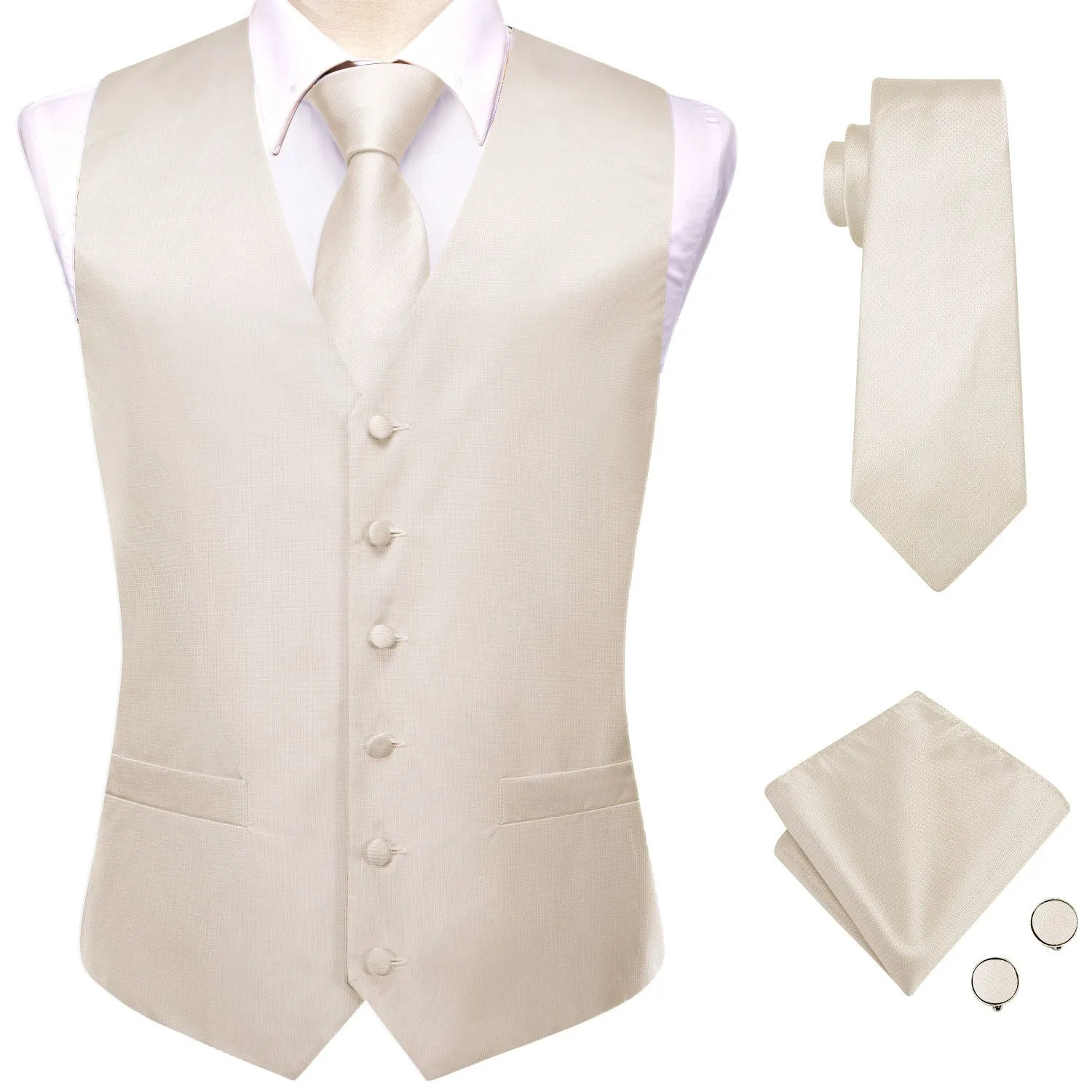 Cream White Plaid Jacquard Silk Men's Vest Hanky Cufflinks Tie Set