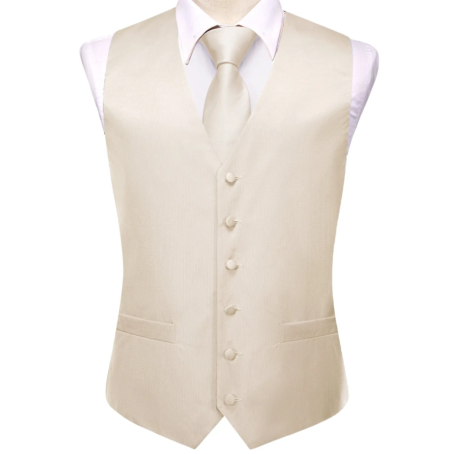 Cream White Plaid Jacquard Silk Men's Vest Hanky Cufflinks Tie Set