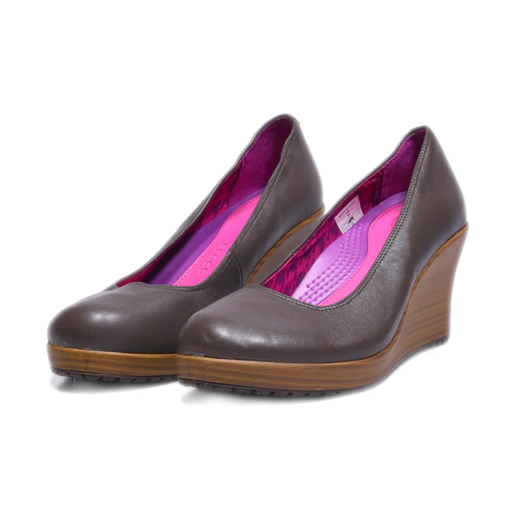 Crocs A-Leigh Closed Toe Wedge Shoes Leather Brown Colour For Women