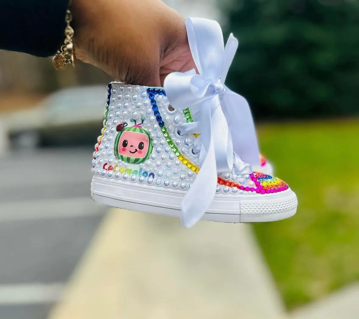 Custom Cocomelon Shoes | Rainbow Bling Rhinestone Shoes for Kids