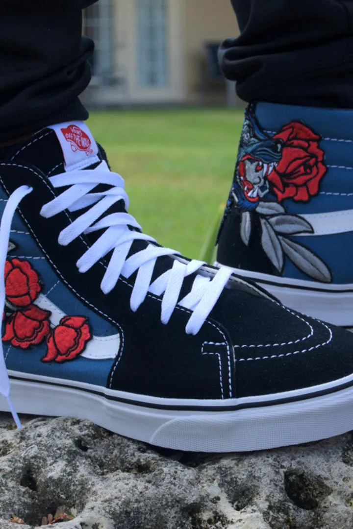 Custom Embroidered Wolf Rose Vans Two Tone Sneakers Shoes