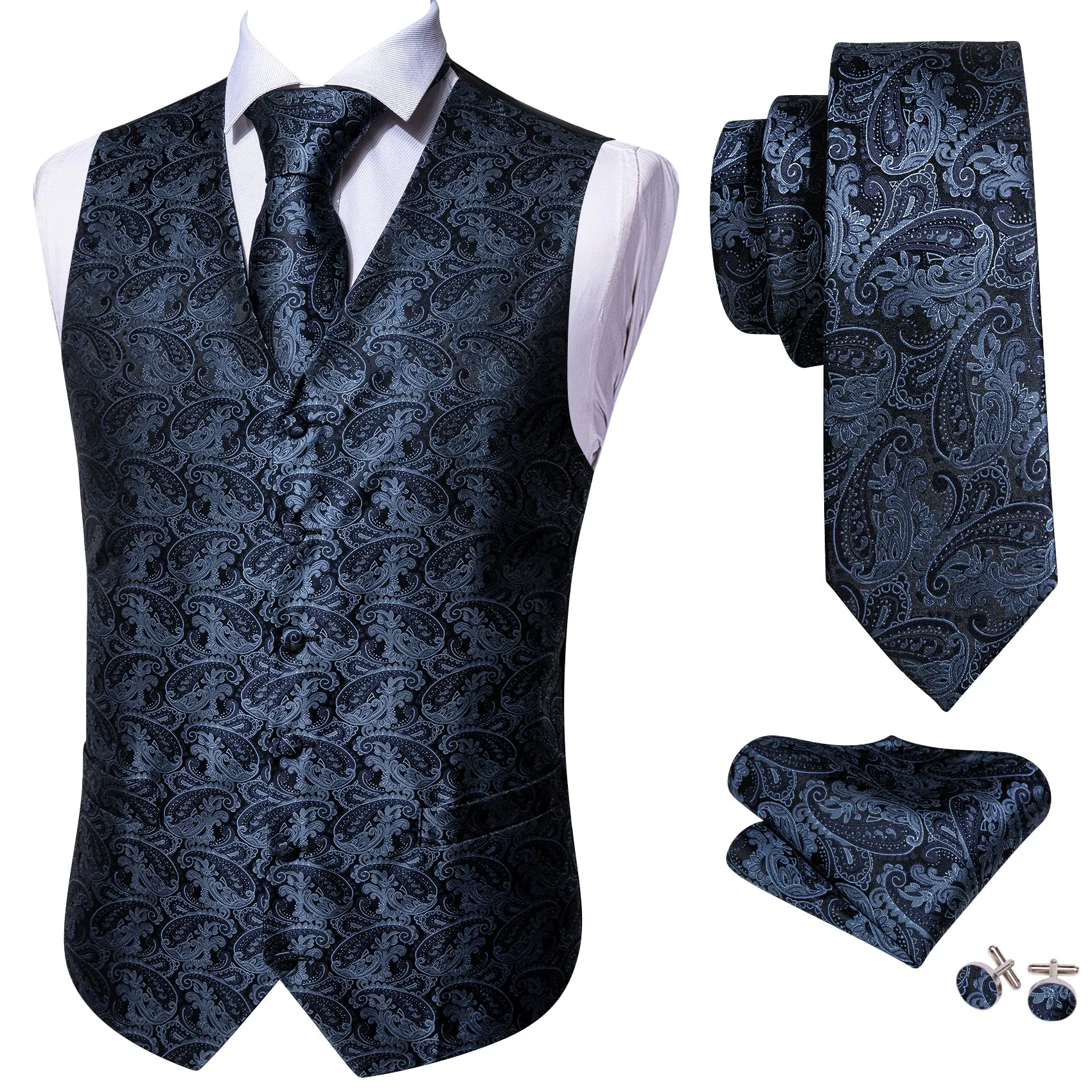 Dark Blue Paisley Jacquard Silk Men's Vest Hanky Cufflinks Tie Set