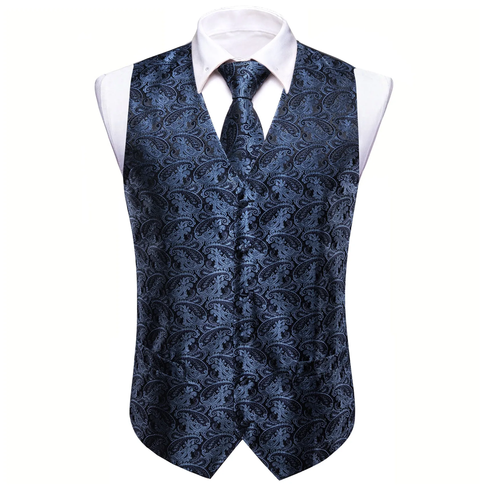 Dark Blue Paisley Jacquard Silk Men's Vest Hanky Cufflinks Tie Set