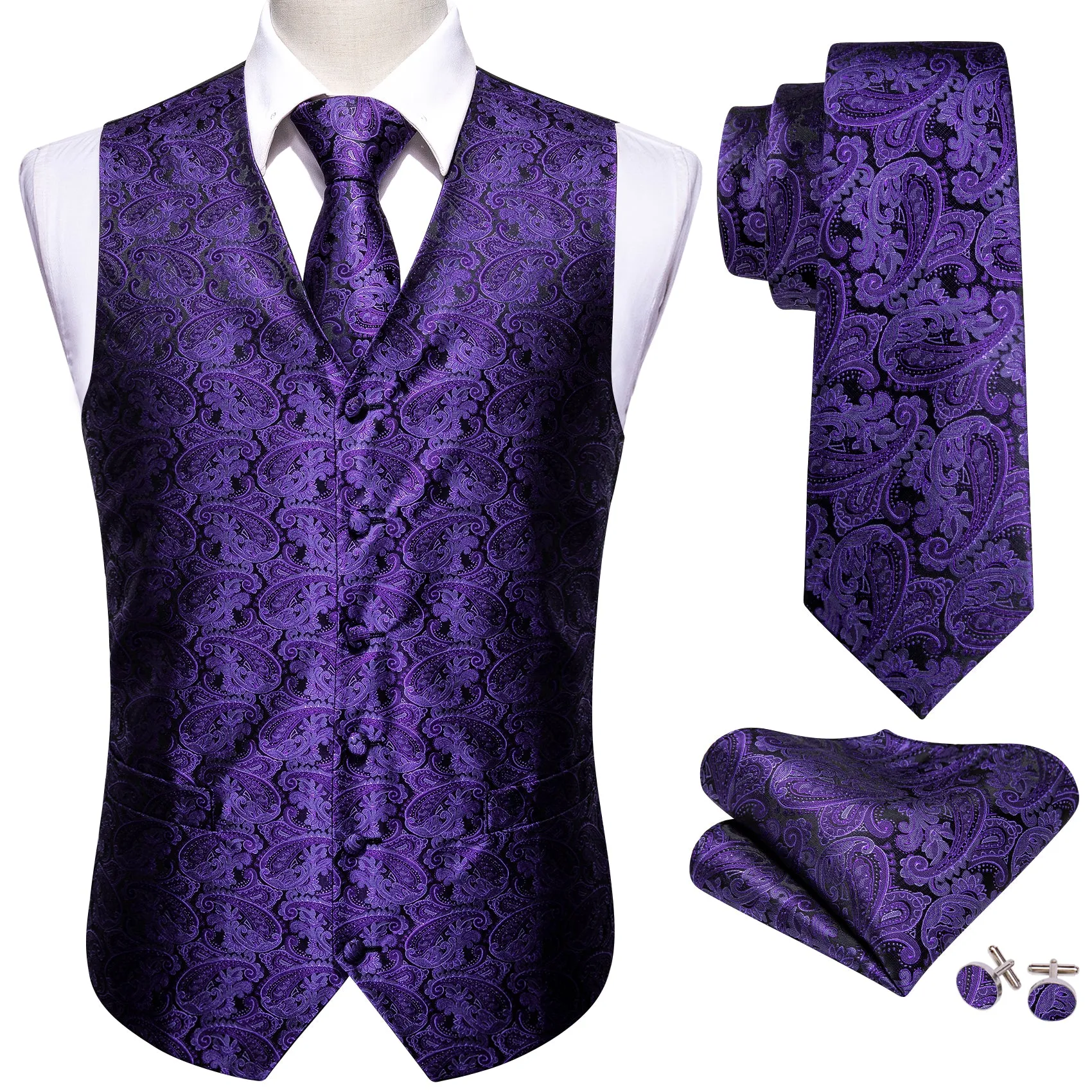 Dark Purple Paisley Jacquard Silk Men's Vest Hanky Cufflinks Tie Set