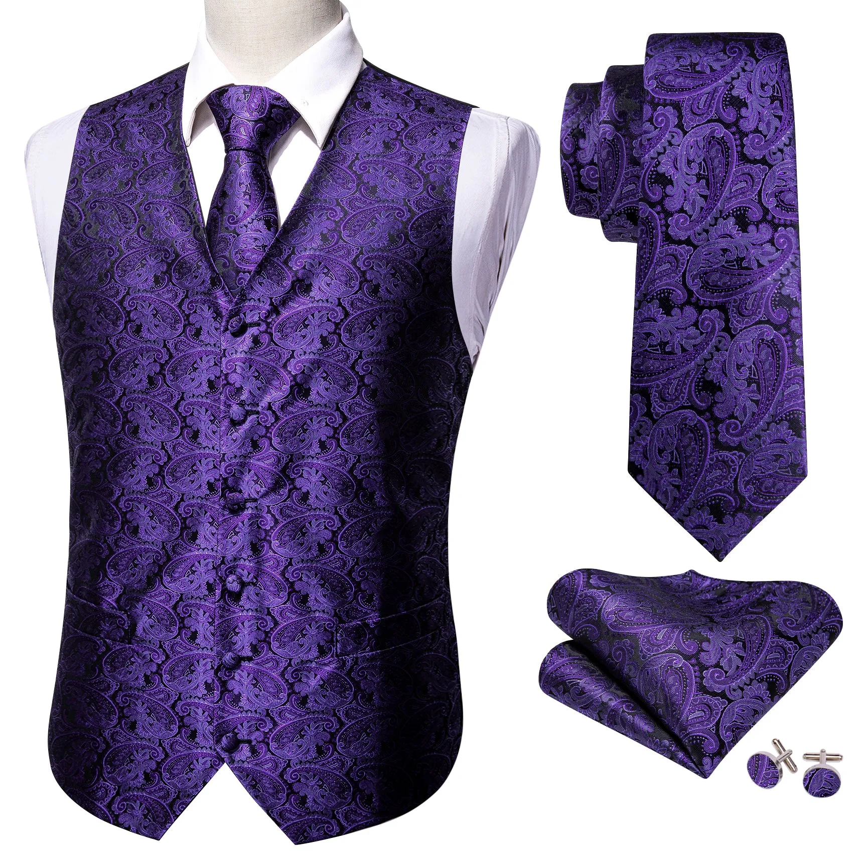 Dark Purple Paisley Jacquard Silk Men's Vest Hanky Cufflinks Tie Set