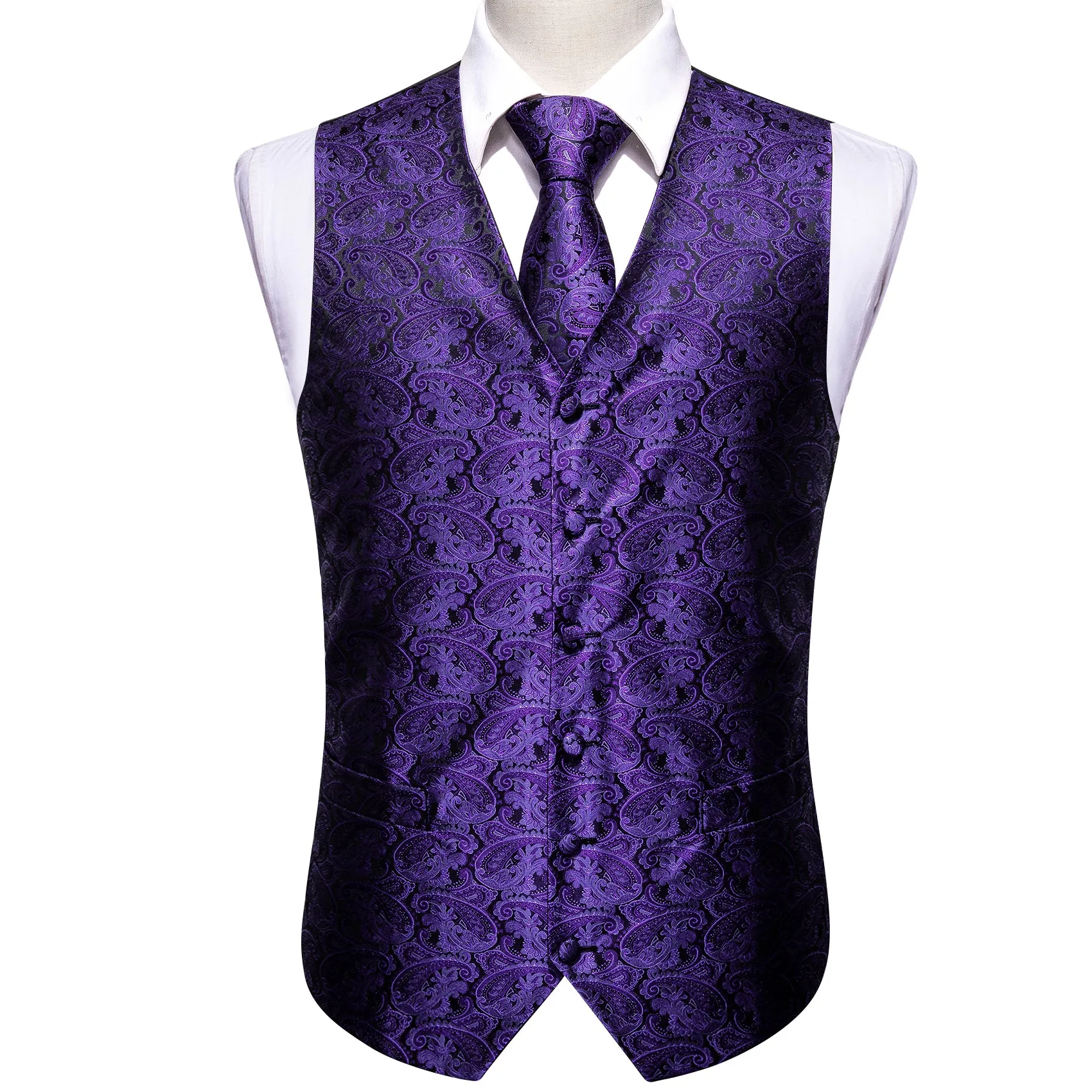 Dark Purple Paisley Jacquard Silk Men's Vest Hanky Cufflinks Tie Set