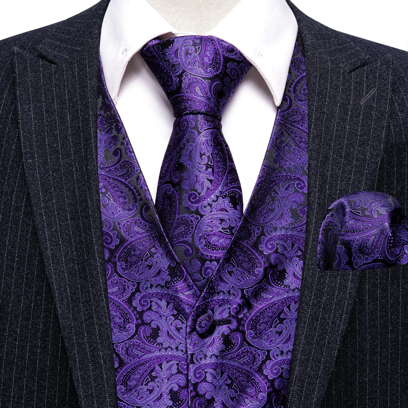 Dark Purple Paisley Jacquard Silk Men's Vest Hanky Cufflinks Tie Set