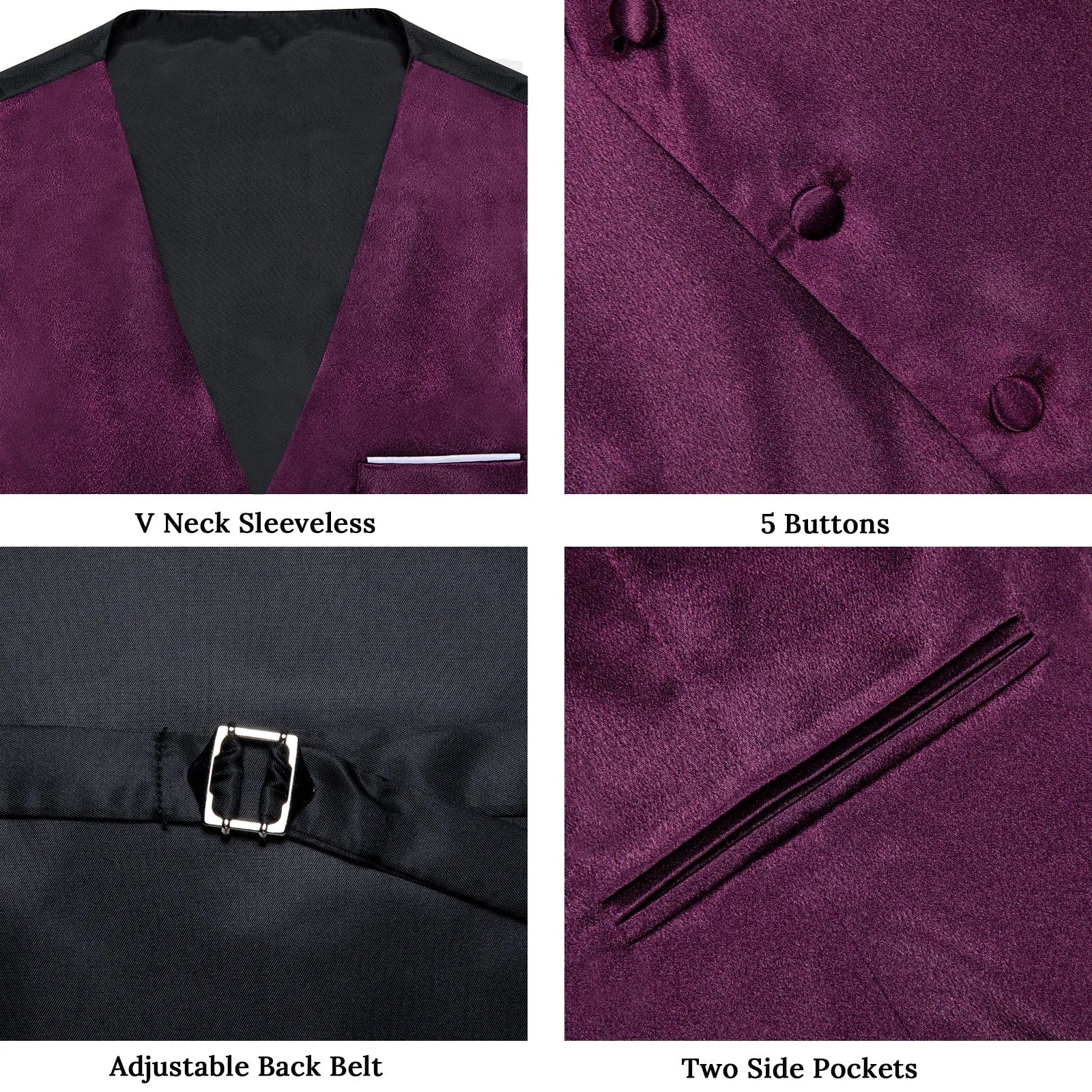 Deep Purple Solid Shining Silk Men Vest Necktie Bow Tie Handkerchief Cufflinks Set