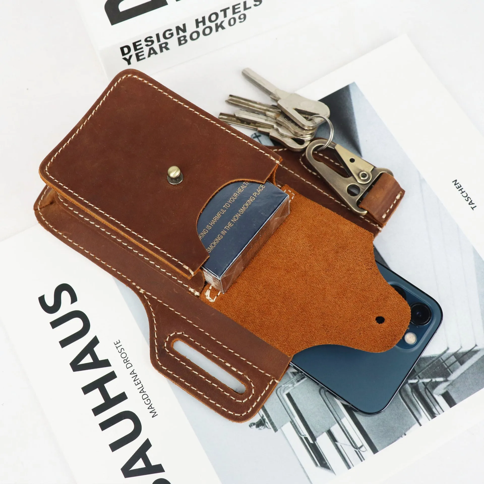 DUNNMALL Suohu Genuine Leather Men's Belt Bag Business Retro Crazy Horse Leather Belt Multifunctional Outdoor Sports Phone Waist Bag