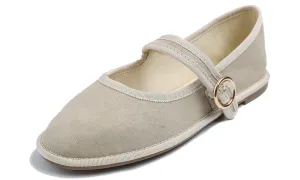 Feversole Women's Soft Breathable Mary Jane Memory Foam Cushioned Comfort Round Toe Metal Buckle Flats Walking Shoes Beige Canvas