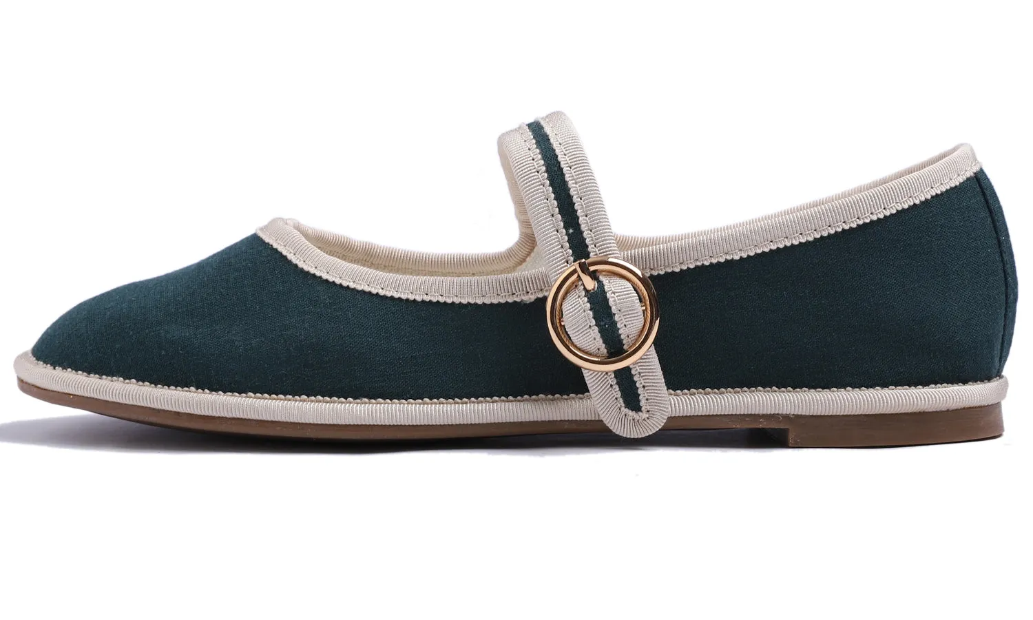 Feversole Women's Soft Breathable Mary Jane Memory Foam Cushioned Comfort Round Toe Metal Buckle Flats Walking Shoes Dark Green Canvas