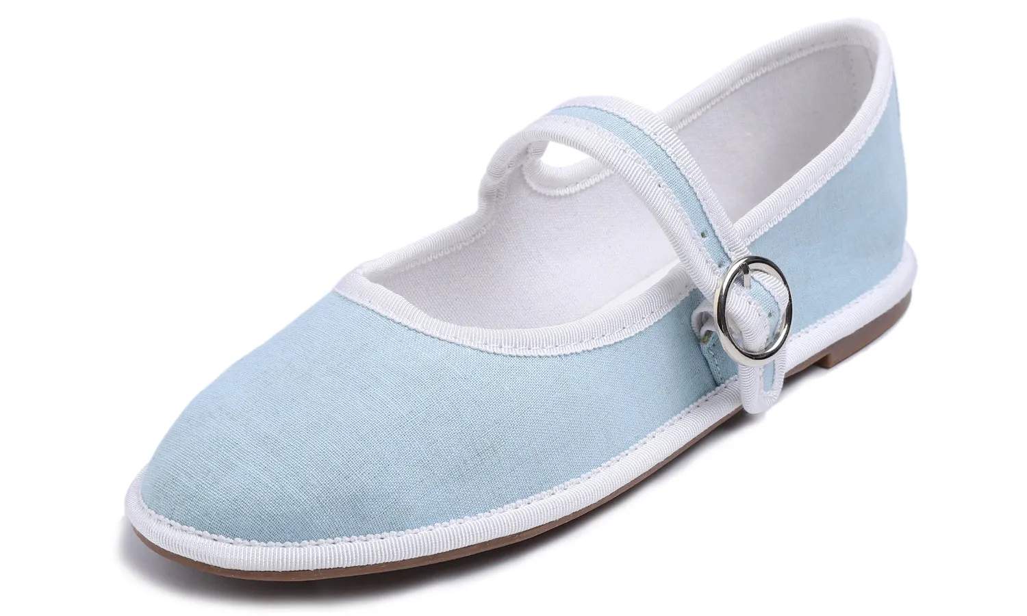 Feversole Women's Soft Breathable Mary Jane Memory Foam Cushioned Comfort Round Toe Metal Buckle Flats Walking Shoes Light Blue Canvas