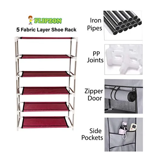 FLIPZON Premium 5-Tiers Shoe Rack/Multipurpose Storage Rack with Dustproof Cover (Iron Pipes, Non Woven Fabric, Plastic Connector) (Maroon)