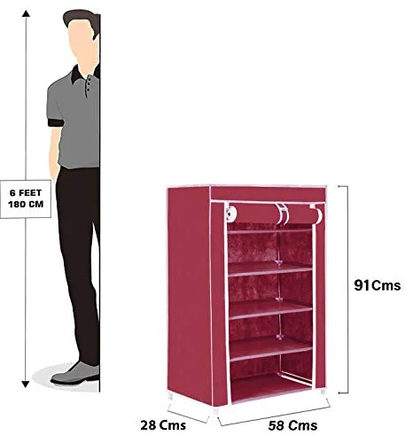 FLIPZON Premium 5-Tiers Shoe Rack/Multipurpose Storage Rack with Dustproof Cover (Iron Pipes, Non Woven Fabric, Plastic Connector) (Maroon)