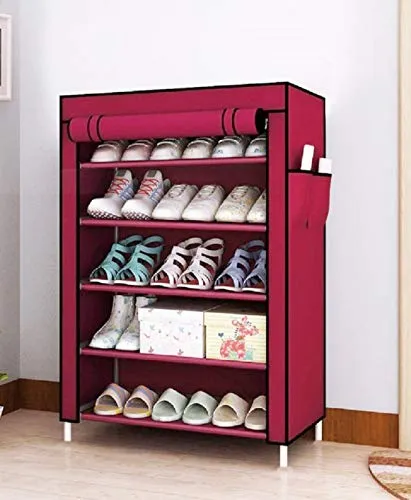 FLIPZON Premium 5-Tiers Shoe Rack/Multipurpose Storage Rack with Dustproof Cover (Iron Pipes, Non Woven Fabric, Plastic Connector) (Maroon)