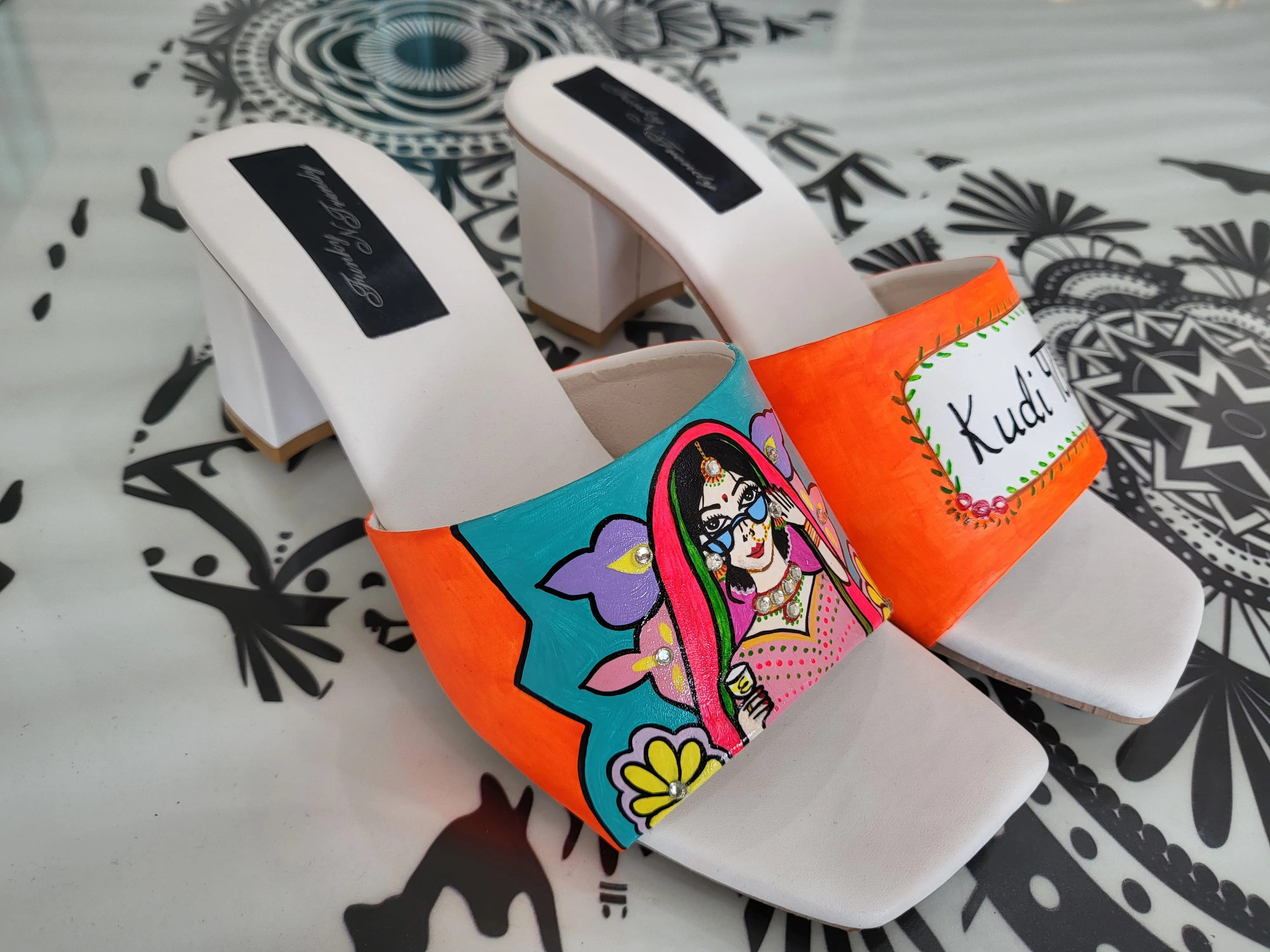 FUNKY N TRENDY hand painted water resistant wedding theme block heels for bride / handpainted heels / quirky heels/ kudi pataka sandals / kudi pataka heels / orange heels