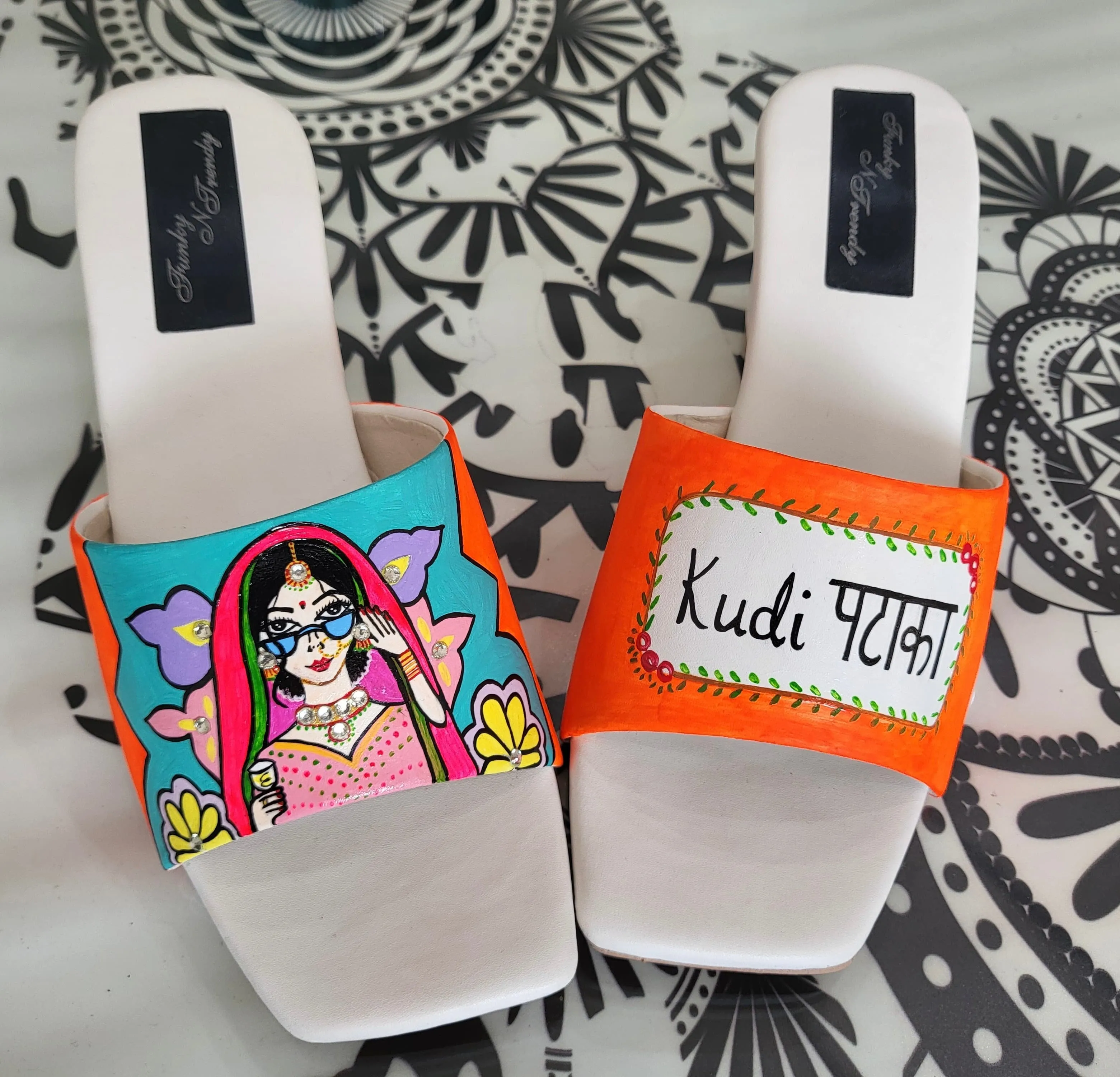 FUNKY N TRENDY hand painted water resistant wedding theme block heels for bride / handpainted heels / quirky heels/ kudi pataka sandals / kudi pataka heels / orange heels