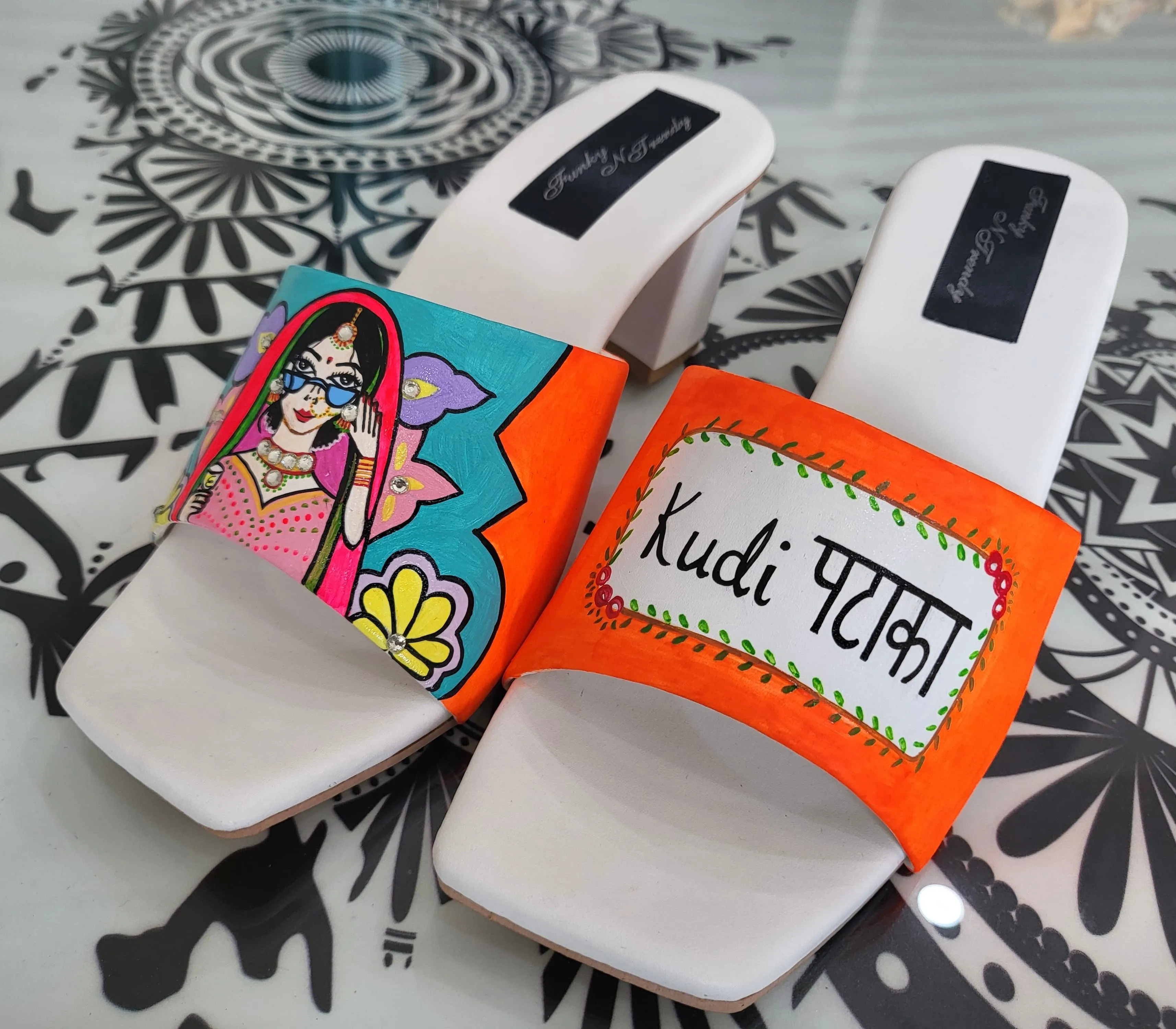 FUNKY N TRENDY hand painted water resistant wedding theme block heels for bride / handpainted heels / quirky heels/ kudi pataka sandals / kudi pataka heels / orange heels