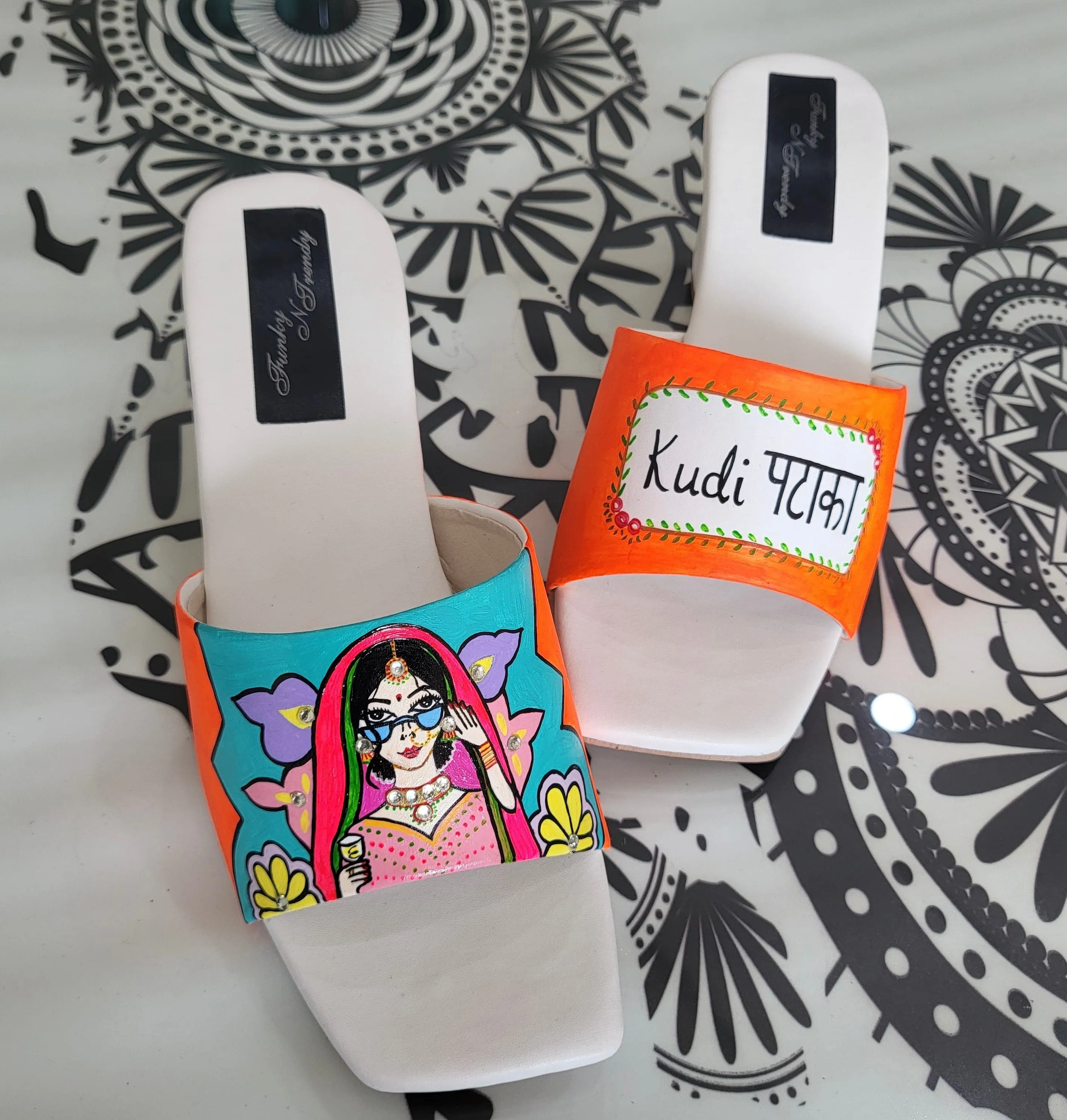 FUNKY N TRENDY hand painted water resistant wedding theme block heels for bride / handpainted heels / quirky heels/ kudi pataka sandals / kudi pataka heels / orange heels