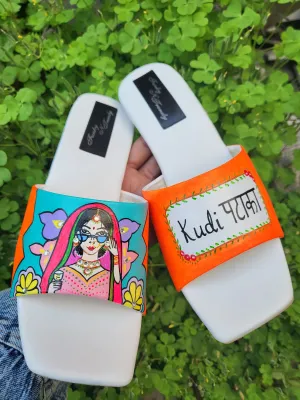 FUNKY N TRENDY hand painted water resistant wedding theme block heels for bride / handpainted heels / quirky heels/ kudi pataka sandals / kudi pataka heels / orange heels