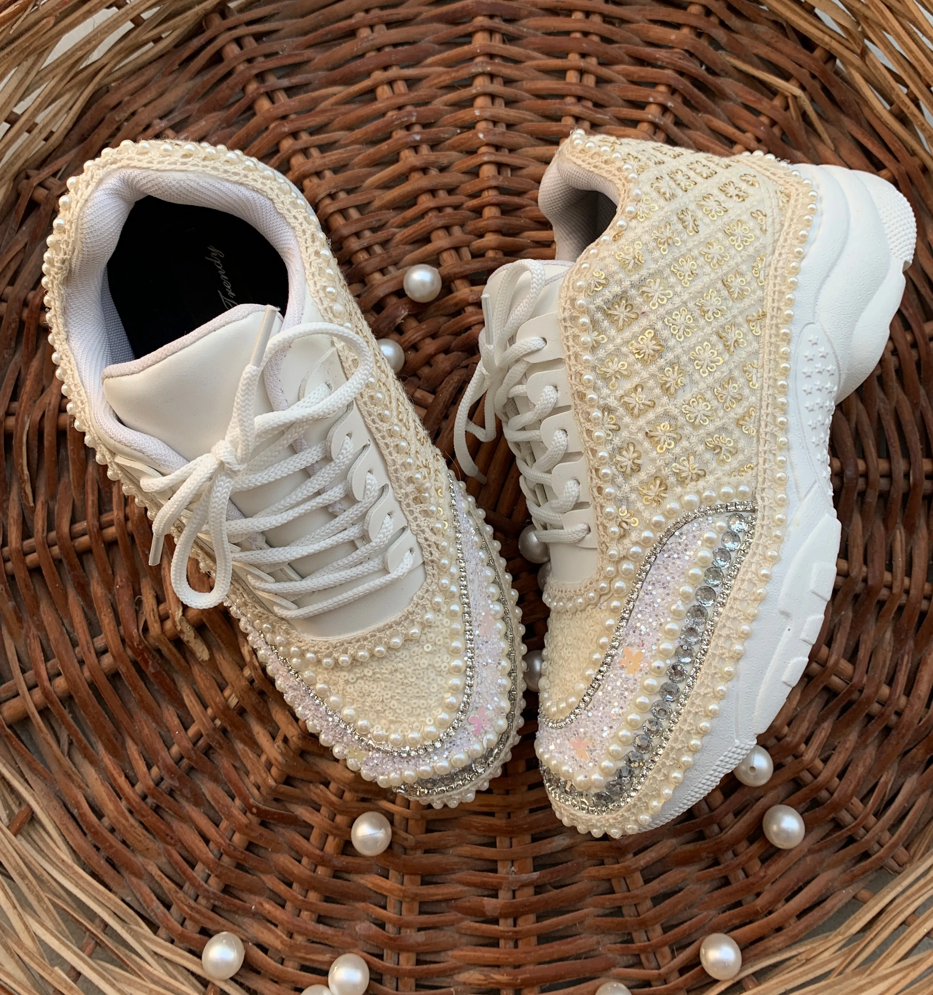 FUNKY N TRENDY Pearl work ivory sneakers for brides / bridesmaids