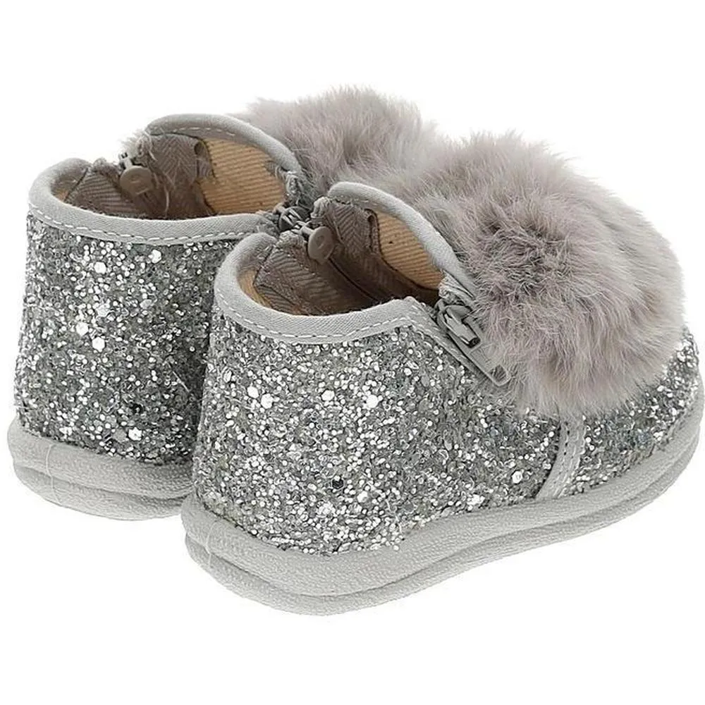 Girls Silver Glitter Pom Pom Shoe