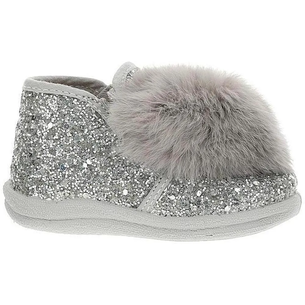 Girls Silver Glitter Pom Pom Shoe