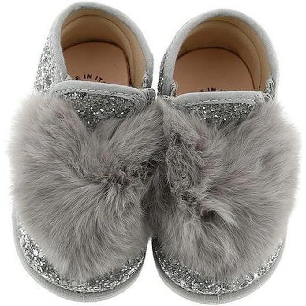 Girls Silver Glitter Pom Pom Shoe