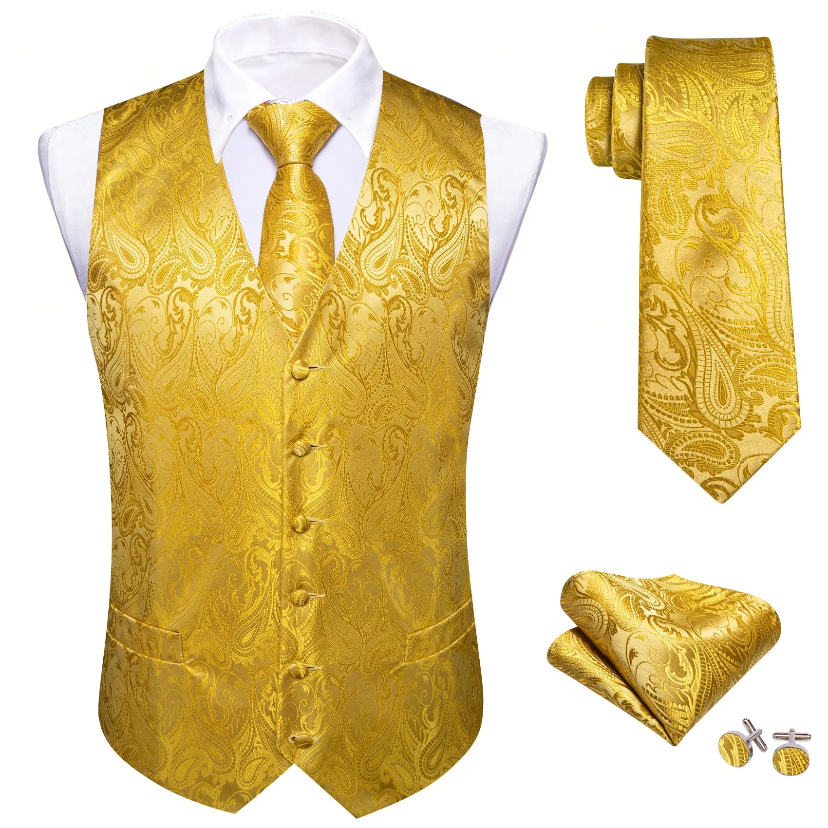 Golden Yellow Formal Floral Paisley Men's Vest Tie Hanky Cufflinks Silk Set