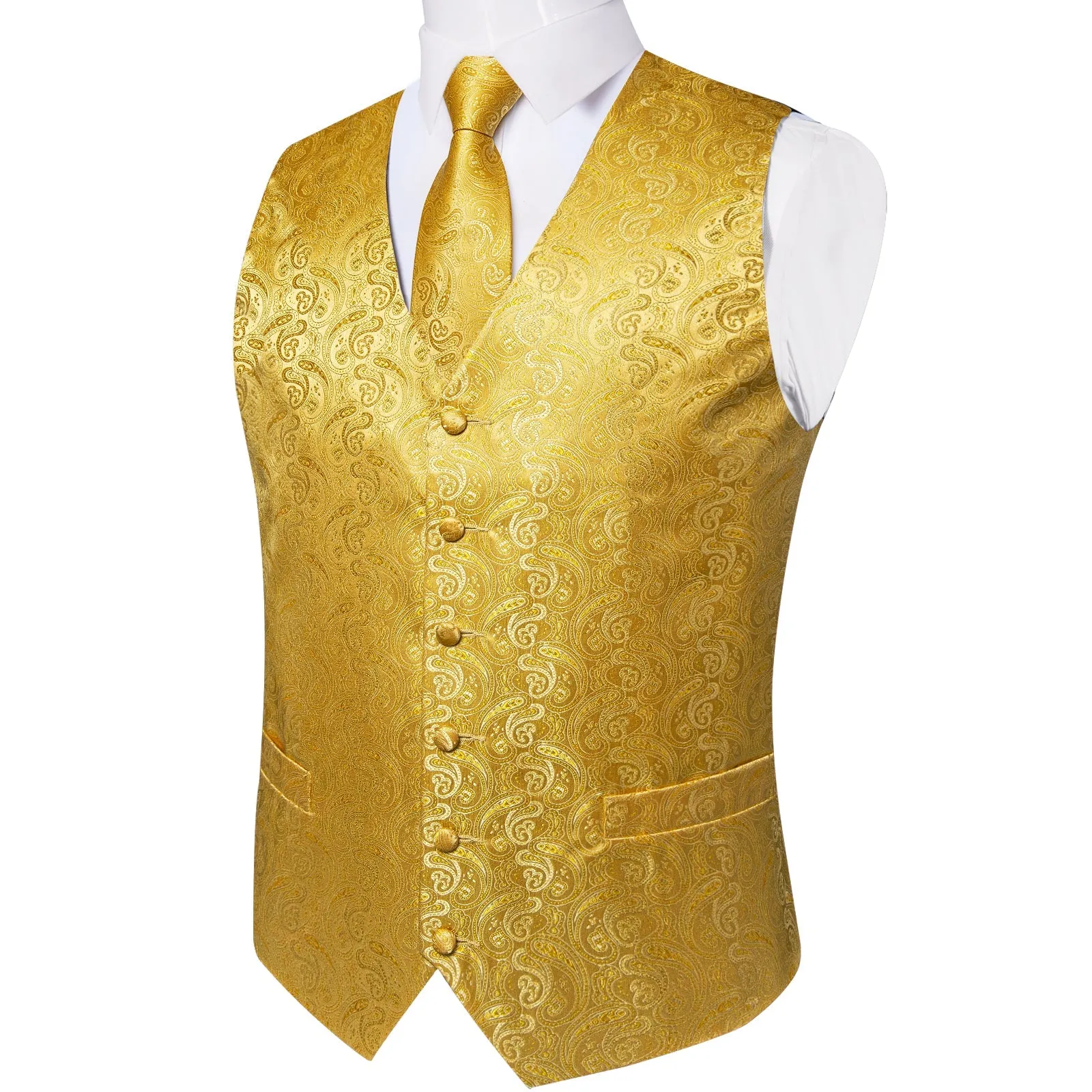 Golden Yellow Paisley Jacquard Silk Men Vest Necktie Bow Tie Handkerchief Cufflinks Set