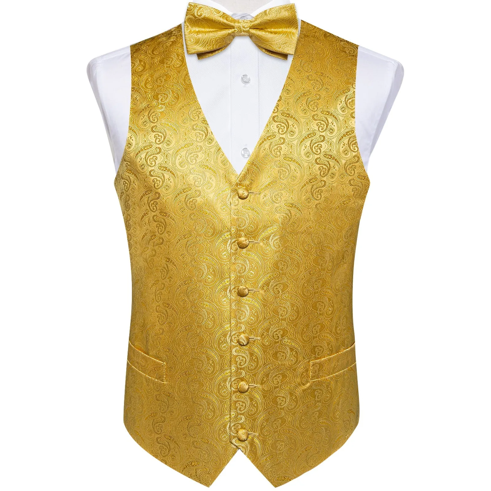 Golden Yellow Paisley Jacquard Silk Men Vest Necktie Bow Tie Handkerchief Cufflinks Set