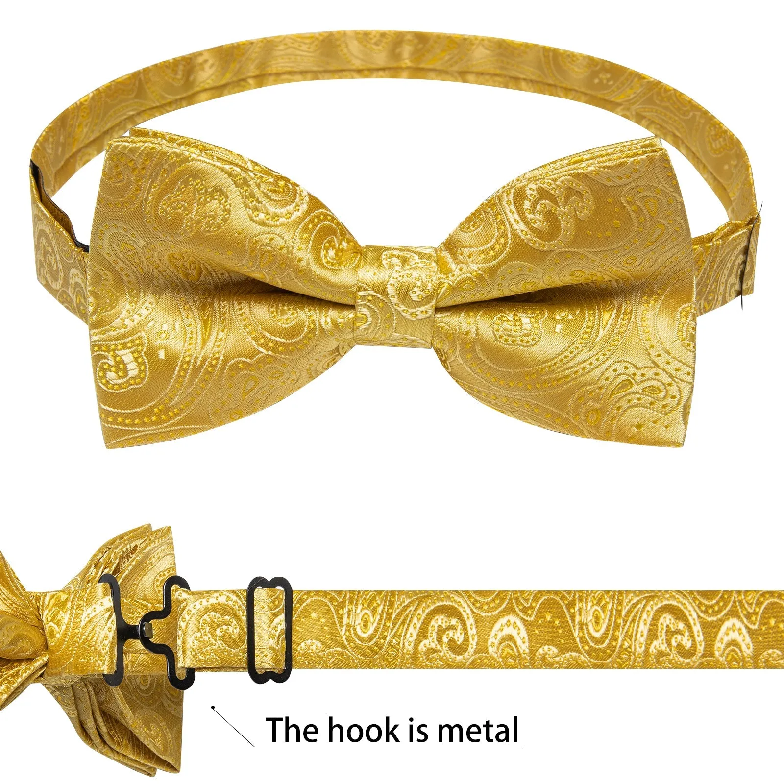 Golden Yellow Paisley Jacquard Silk Men Vest Necktie Bow Tie Handkerchief Cufflinks Set