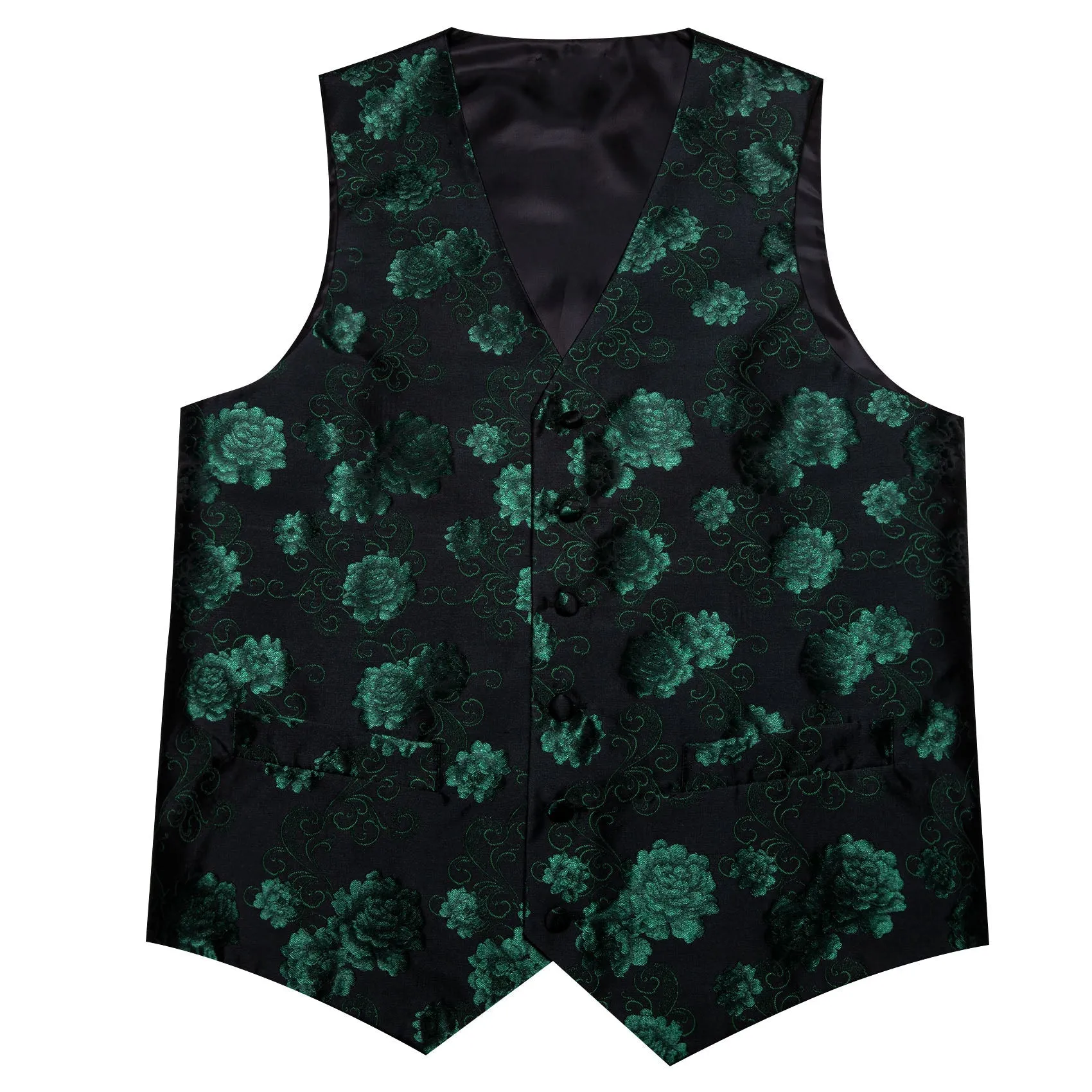 Green Black Floral Flower Silk Men's Vest Hanky Cufflinks Tie Set