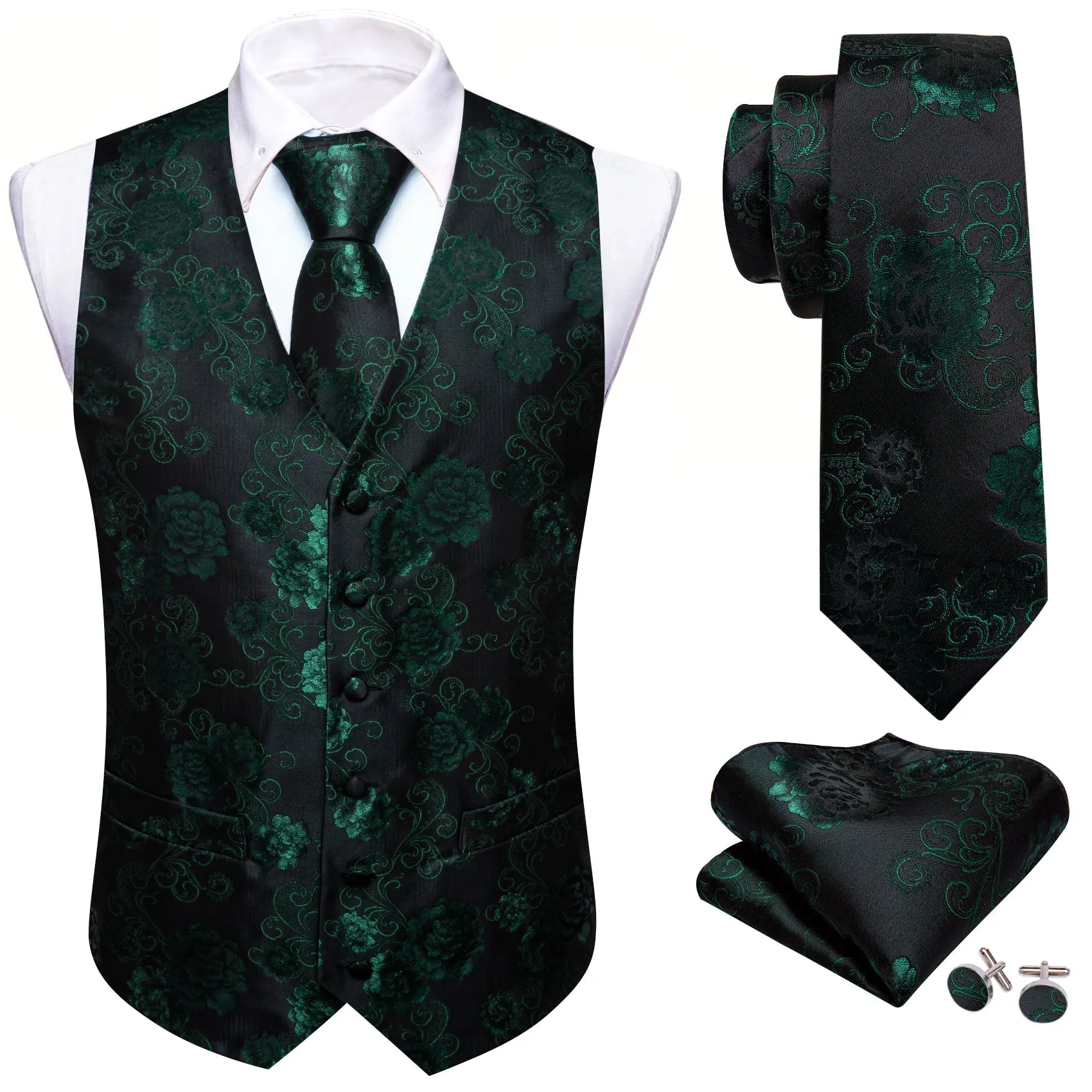 Green Black Floral Flower Silk Men's Vest Hanky Cufflinks Tie Set