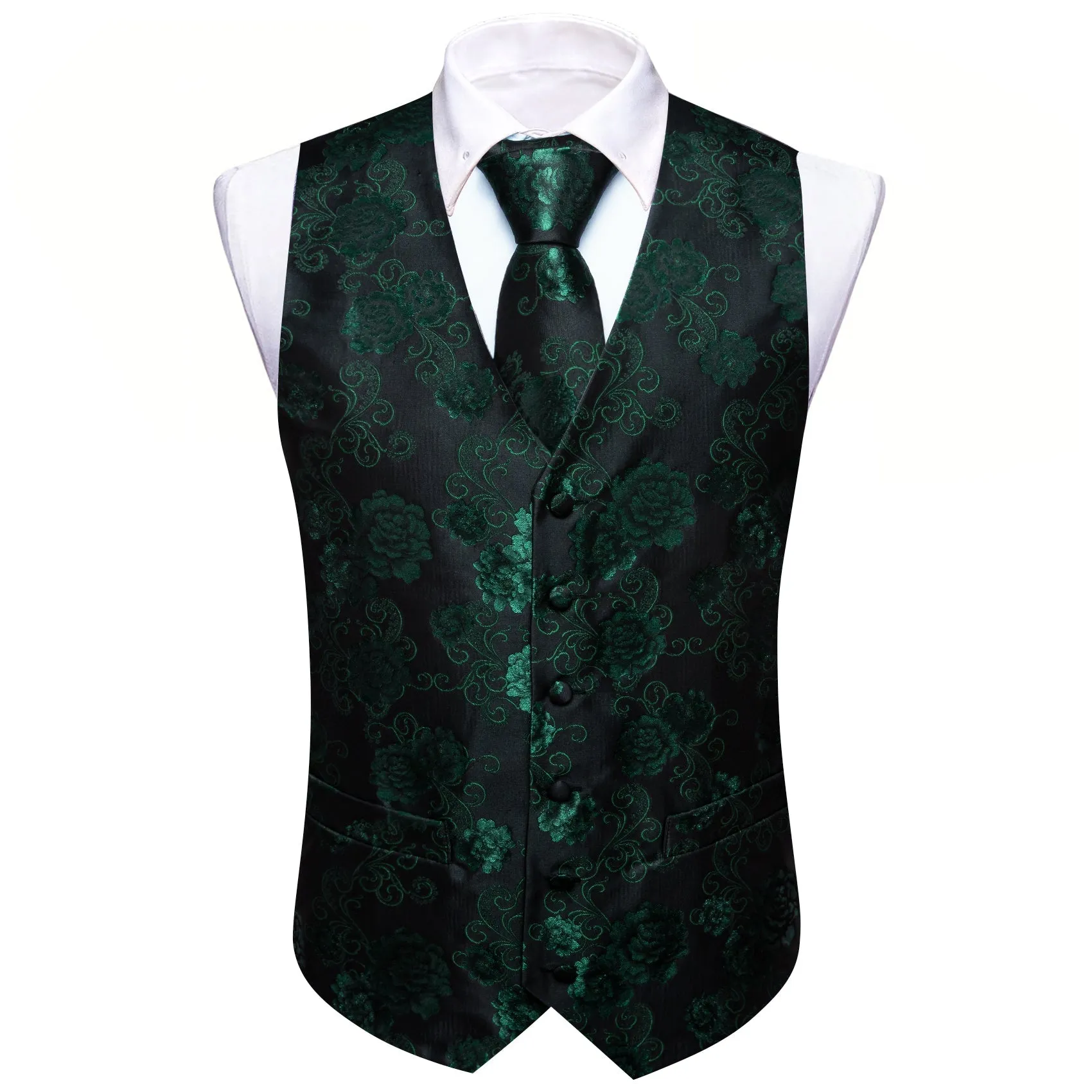 Green Black Floral Flower Silk Men's Vest Hanky Cufflinks Tie Set