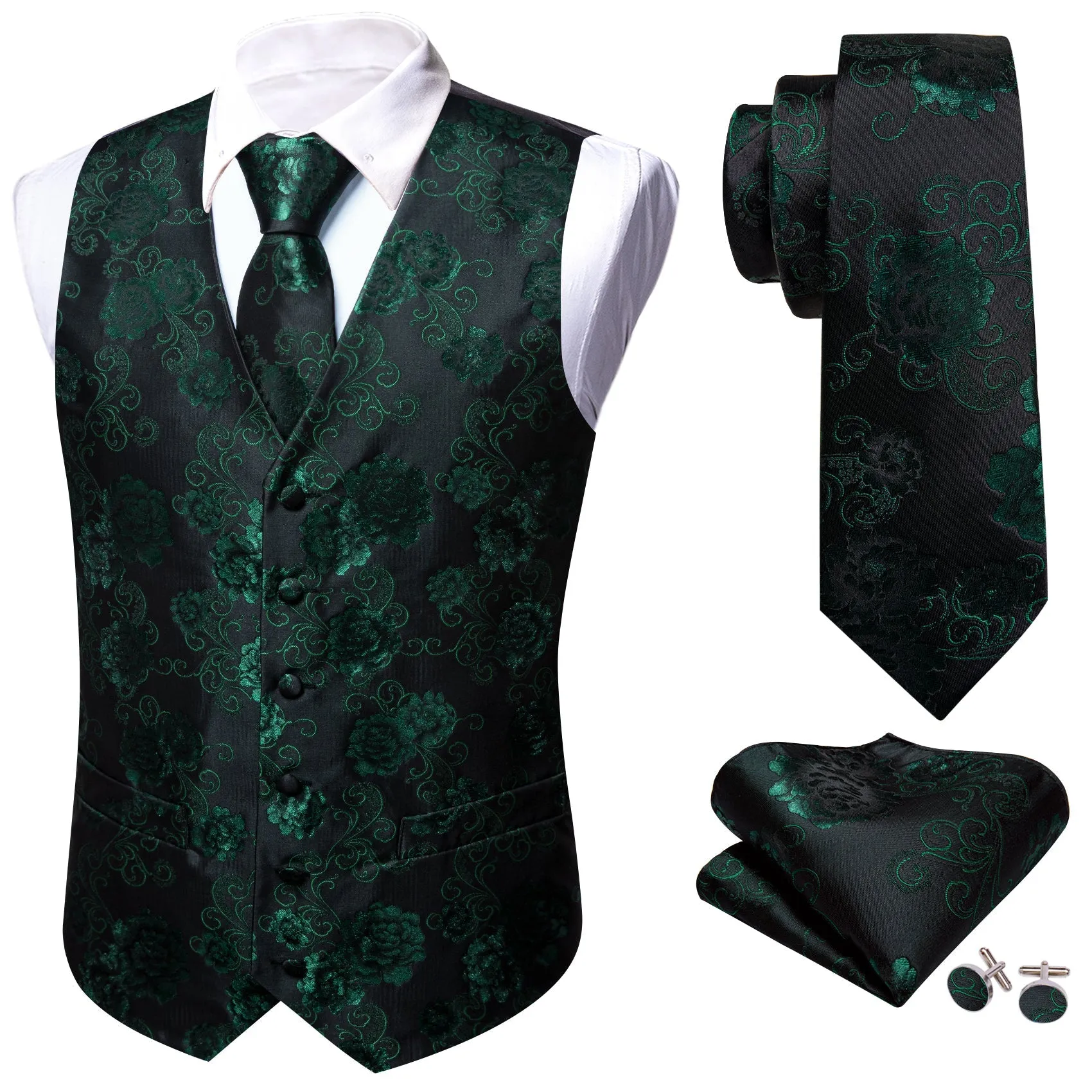 Green Black Floral Flower Silk Men's Vest Hanky Cufflinks Tie Set