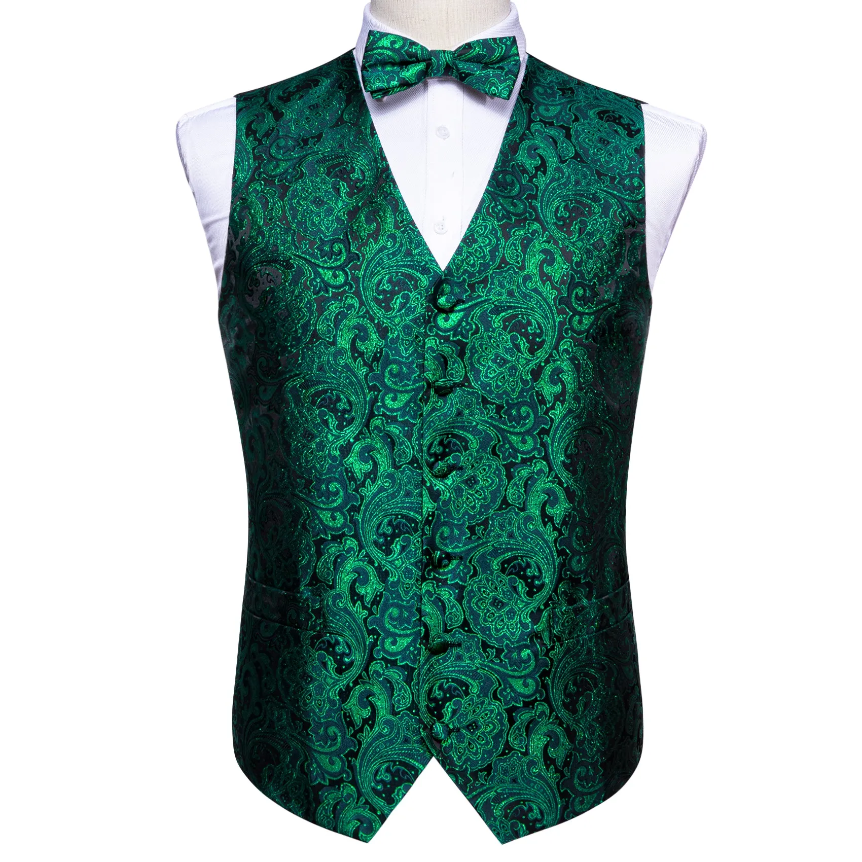 Green Black Floral Silk Men's Vest Bow Tie Handkerchief Cufflinks Set Waistcoat Suit Set