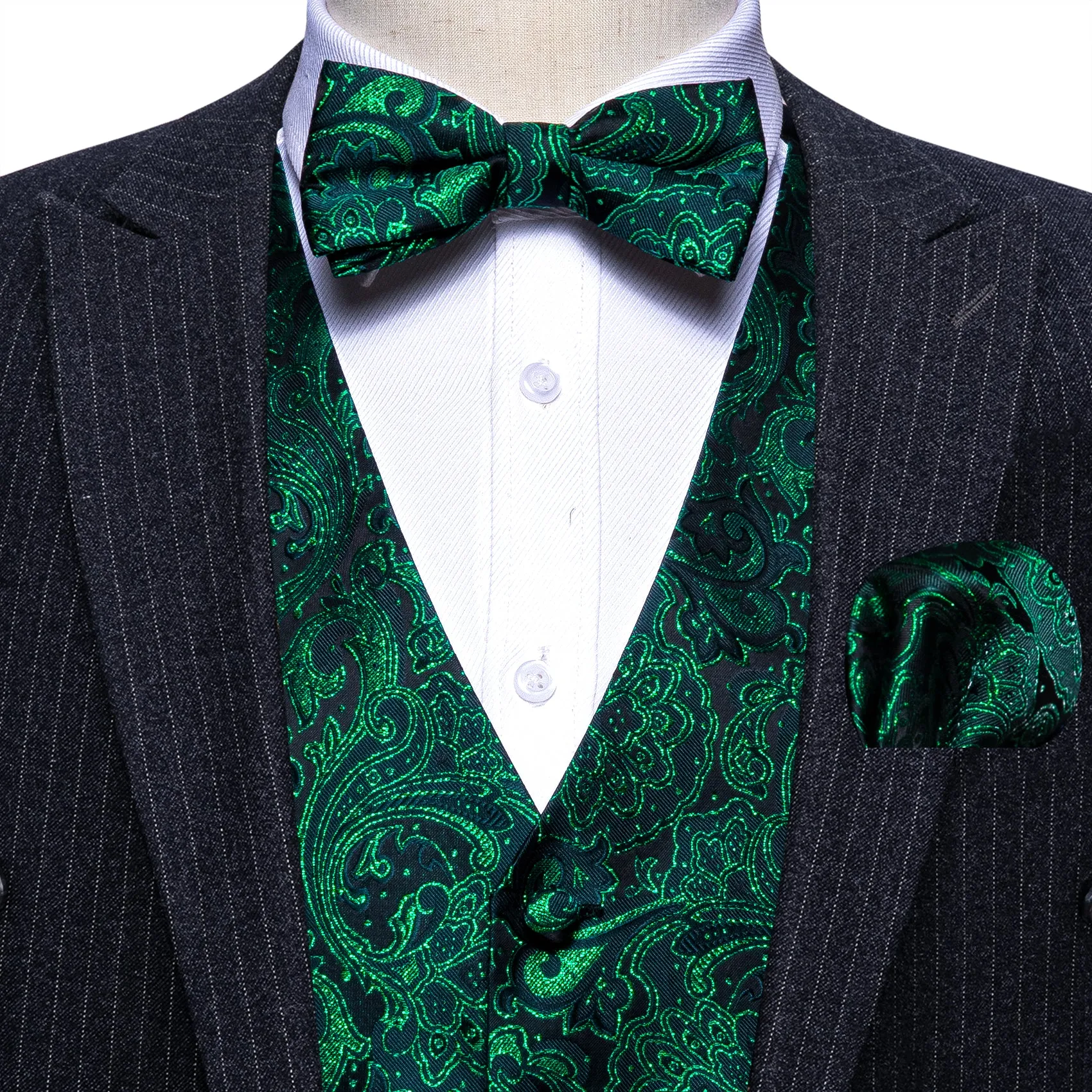 Green Black Floral Silk Men's Vest Bow Tie Handkerchief Cufflinks Set Waistcoat Suit Set