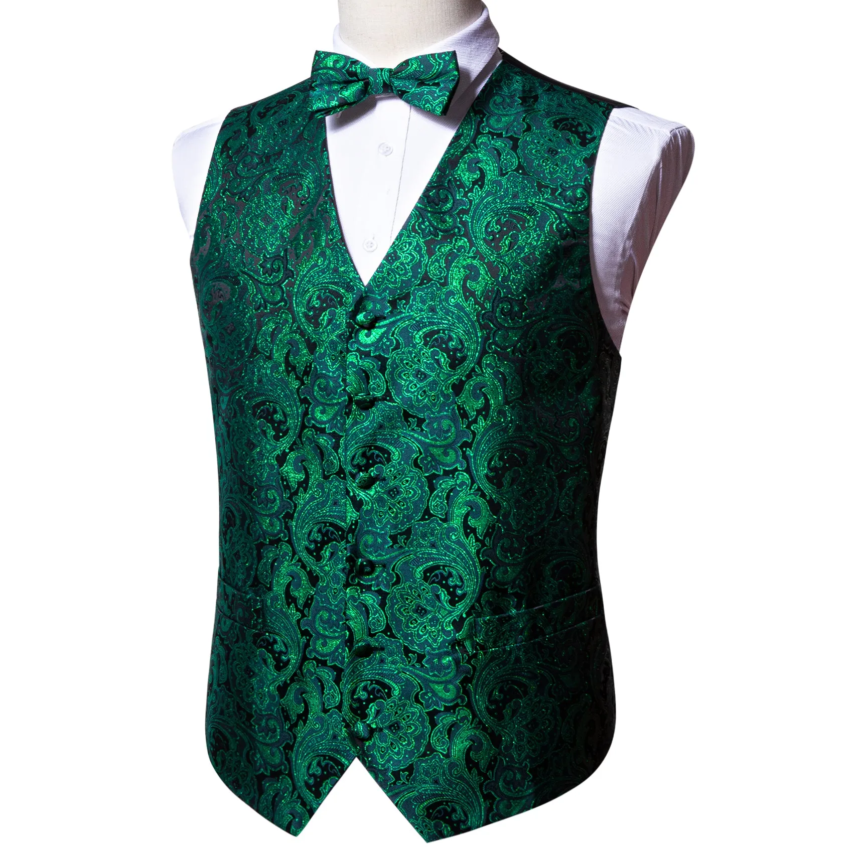 Green Black Floral Silk Men's Vest Bow Tie Handkerchief Cufflinks Set Waistcoat Suit Set