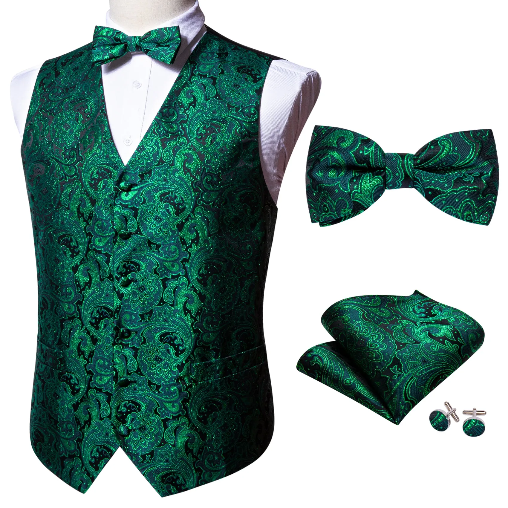 Green Black Floral Silk Men's Vest Bow Tie Handkerchief Cufflinks Set Waistcoat Suit Set