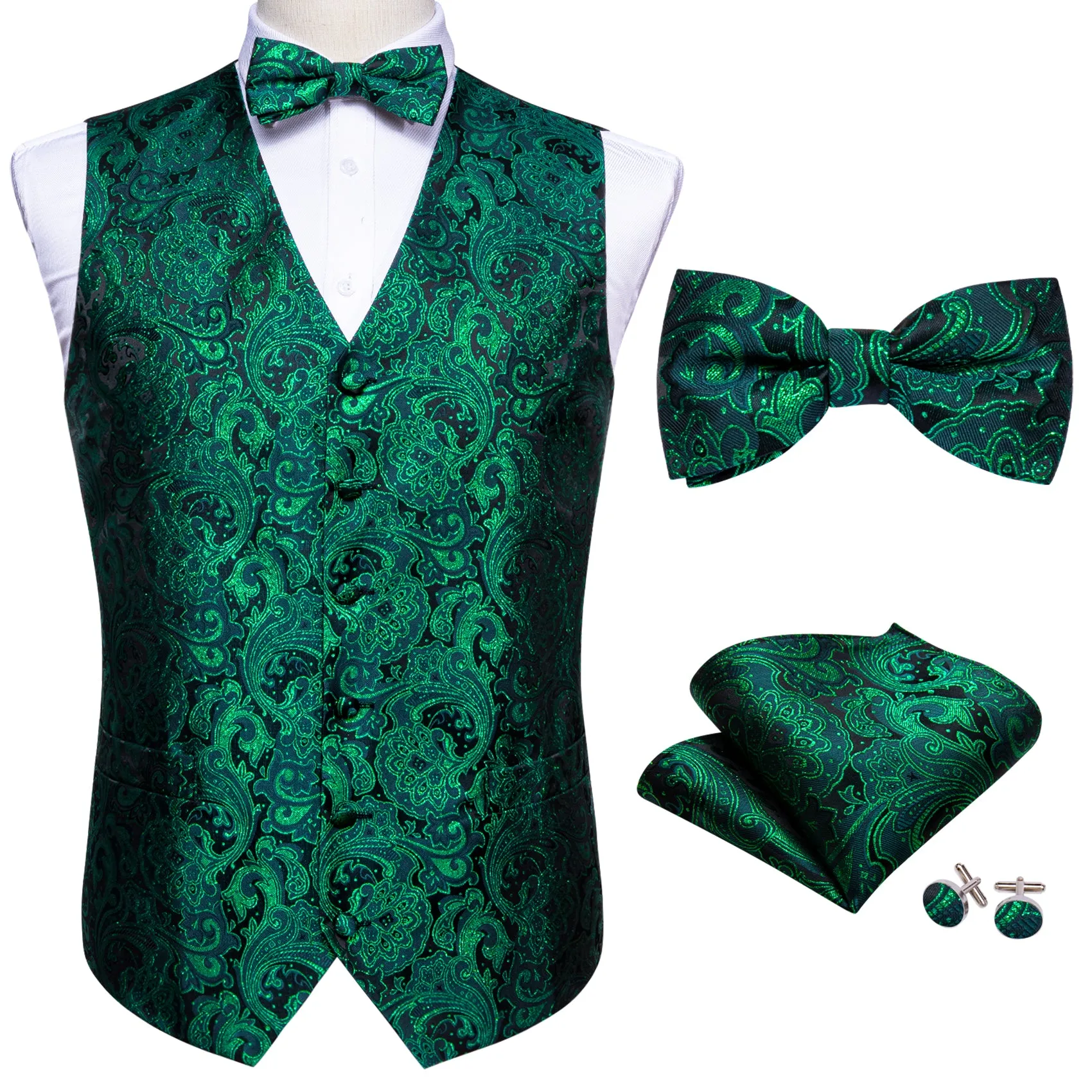 Green Black Floral Silk Men's Vest Bow Tie Handkerchief Cufflinks Set Waistcoat Suit Set