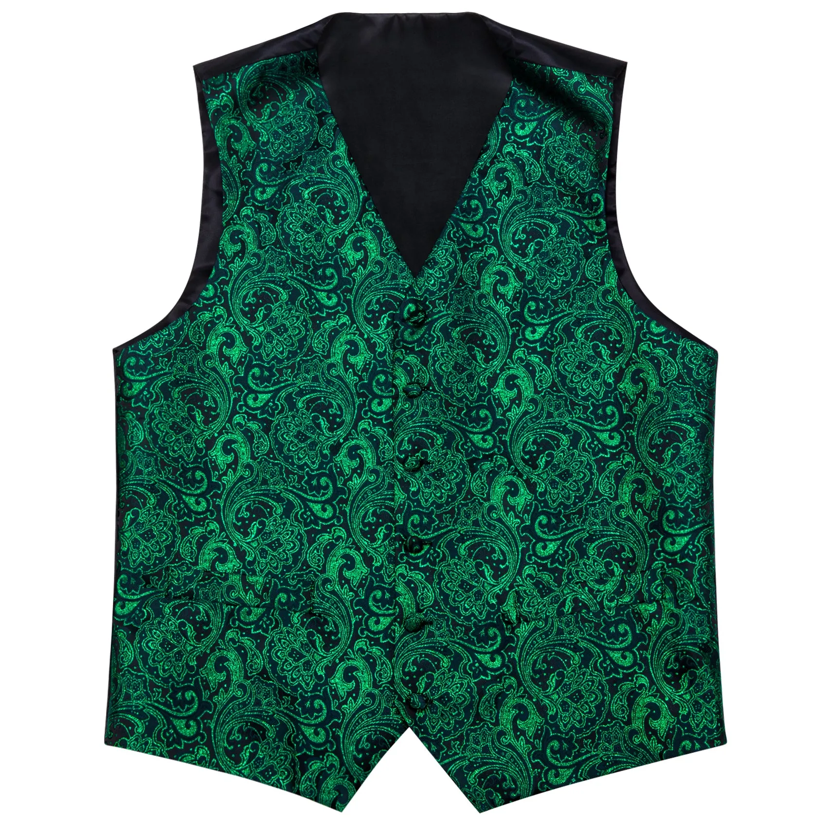 Green Black Floral Silk Men's Vest Bow Tie Handkerchief Cufflinks Set Waistcoat Suit Set