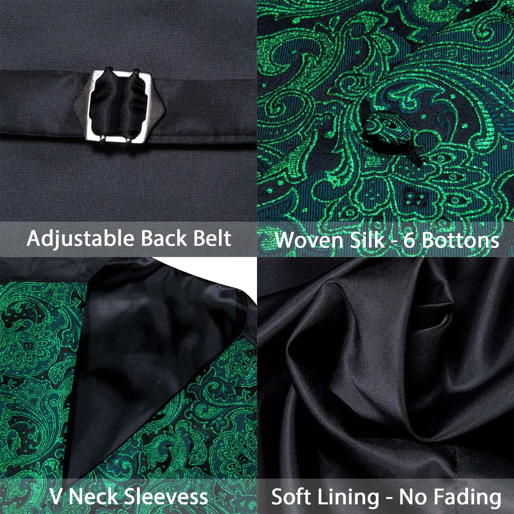 Green Black Floral Silk Men's Vest Bow Tie Handkerchief Cufflinks Set Waistcoat Suit Set