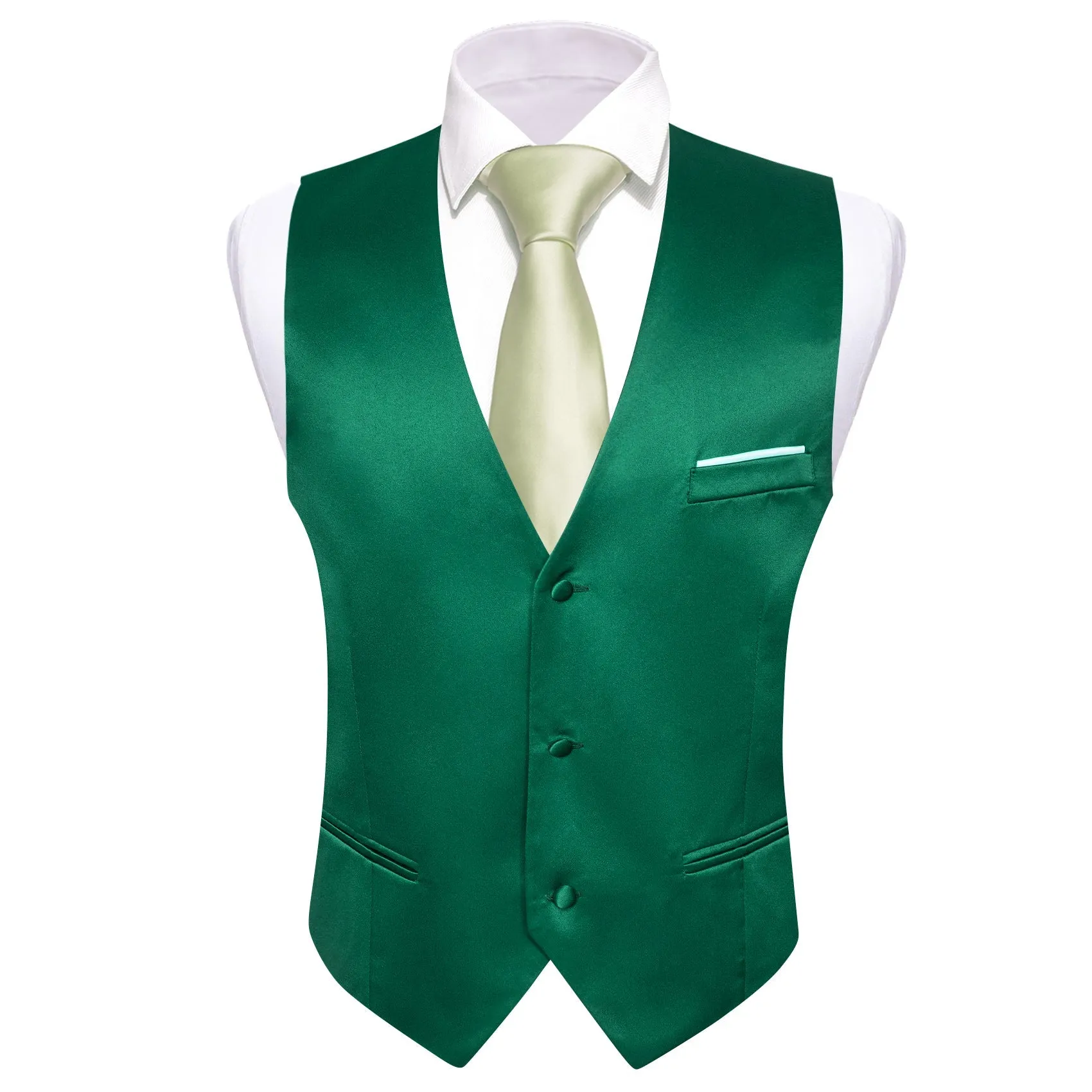 Green Solid Satin Men's V-Neck Business Vest