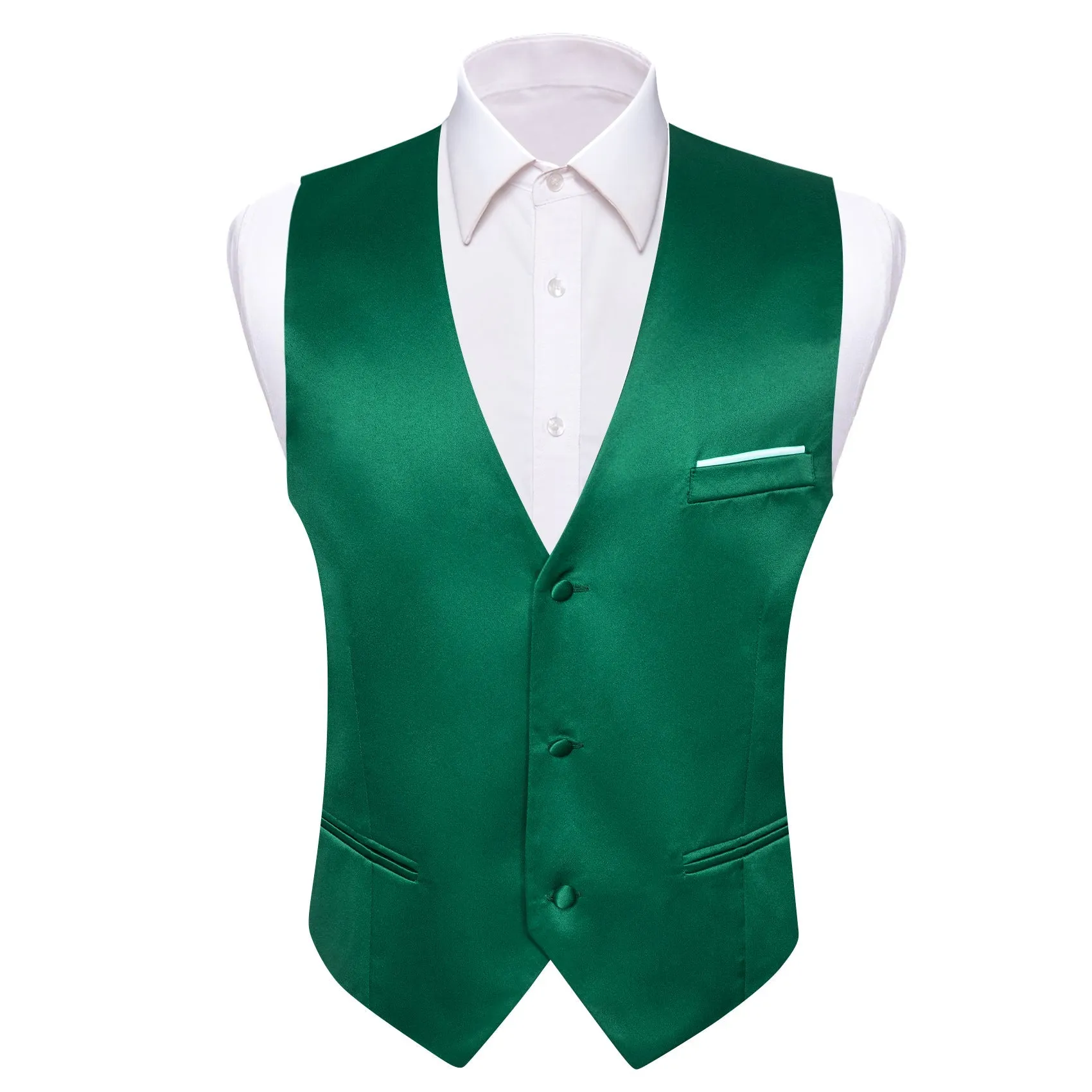 Green Solid Satin Men's V-Neck Business Vest