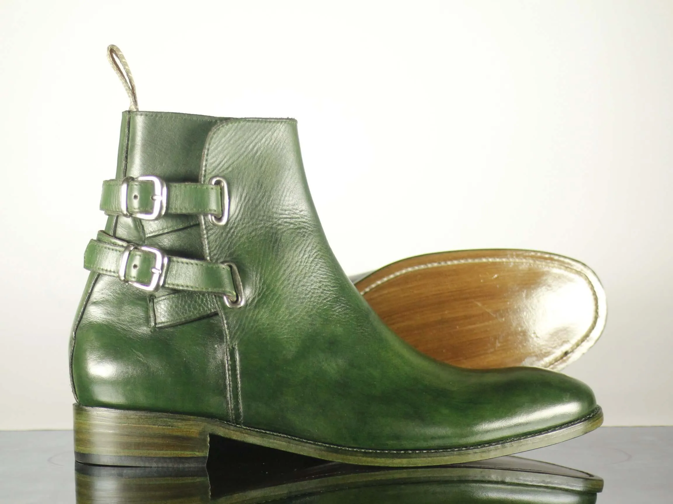 Handmade Green Leather Ankle High Buckle Up Boots