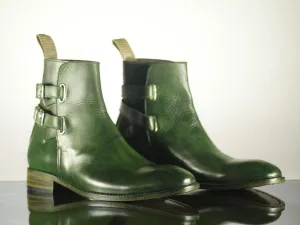 Handmade Green Leather Ankle High Buckle Up Boots