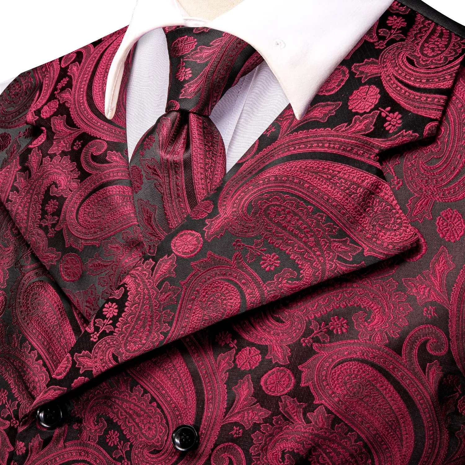 Jam Red Paisley Jacquard Silk Men's Vest Hanky Cufflinks Tie Set