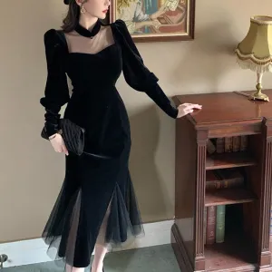 Joskaa Black Friday Sales Elegant Mesh Velvet Black Long Dress Women Vintage Gothic Slim Party Dresses Female Winter Sexy Split Hollow Christmas Dress New